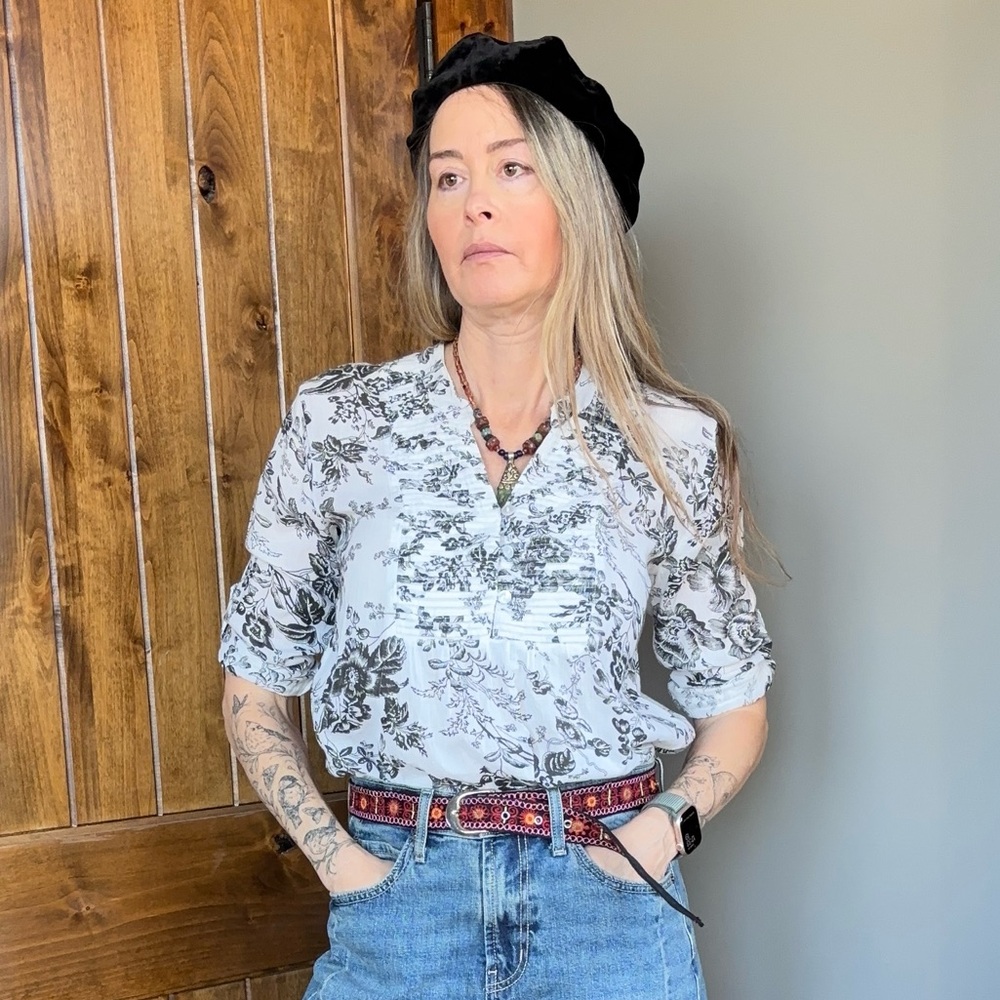 Black and White Floral Cotton Blouse